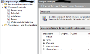 Erfolgreicher Zugriff auf die Ereignisanzeige eines Remotecomputers